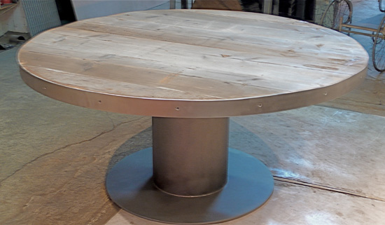 Circular Pedestal Table w/ Reclaimed Industrial Timbers
