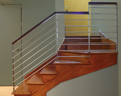 Polished Stainless and Oak Stair Railing – Lower Level